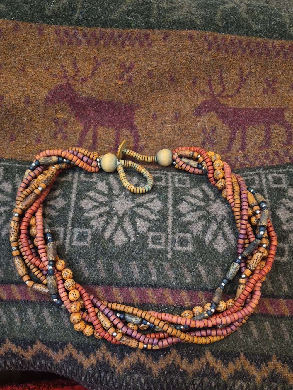 Multi-Strand Beaded Necklace in Orange and Tan with Loop Closure